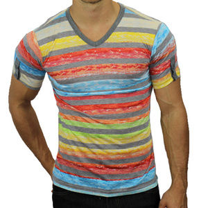 Men 's V-Neck T-Shirt Multicolor Stripes NWT